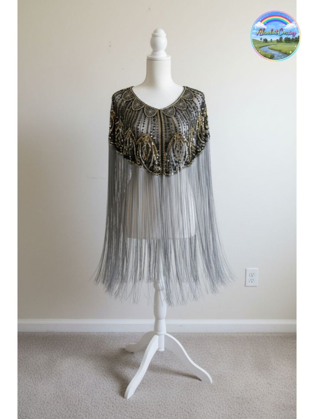 Fringed Sequin Beaded Evening Shawl Wrap Gatsby Party Cover Up